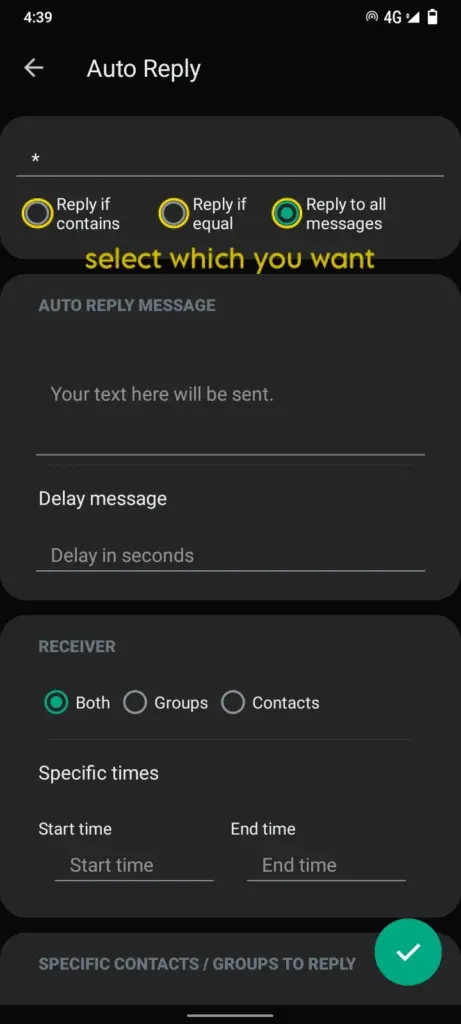 select to which messages to auto reply in an whatsapp
