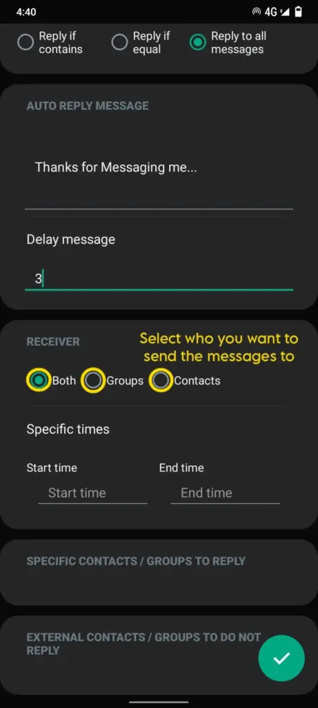 select who you want to send auto messages in an whatsapp