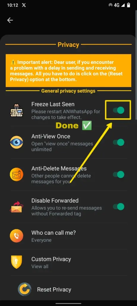 last seen freezable feature's toggle enabled in an whatsapp
